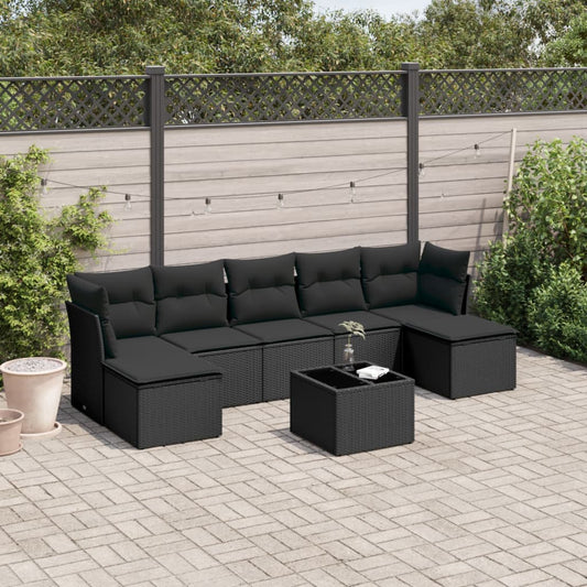 8-piece garden sofa set with cushions, black poly rattan