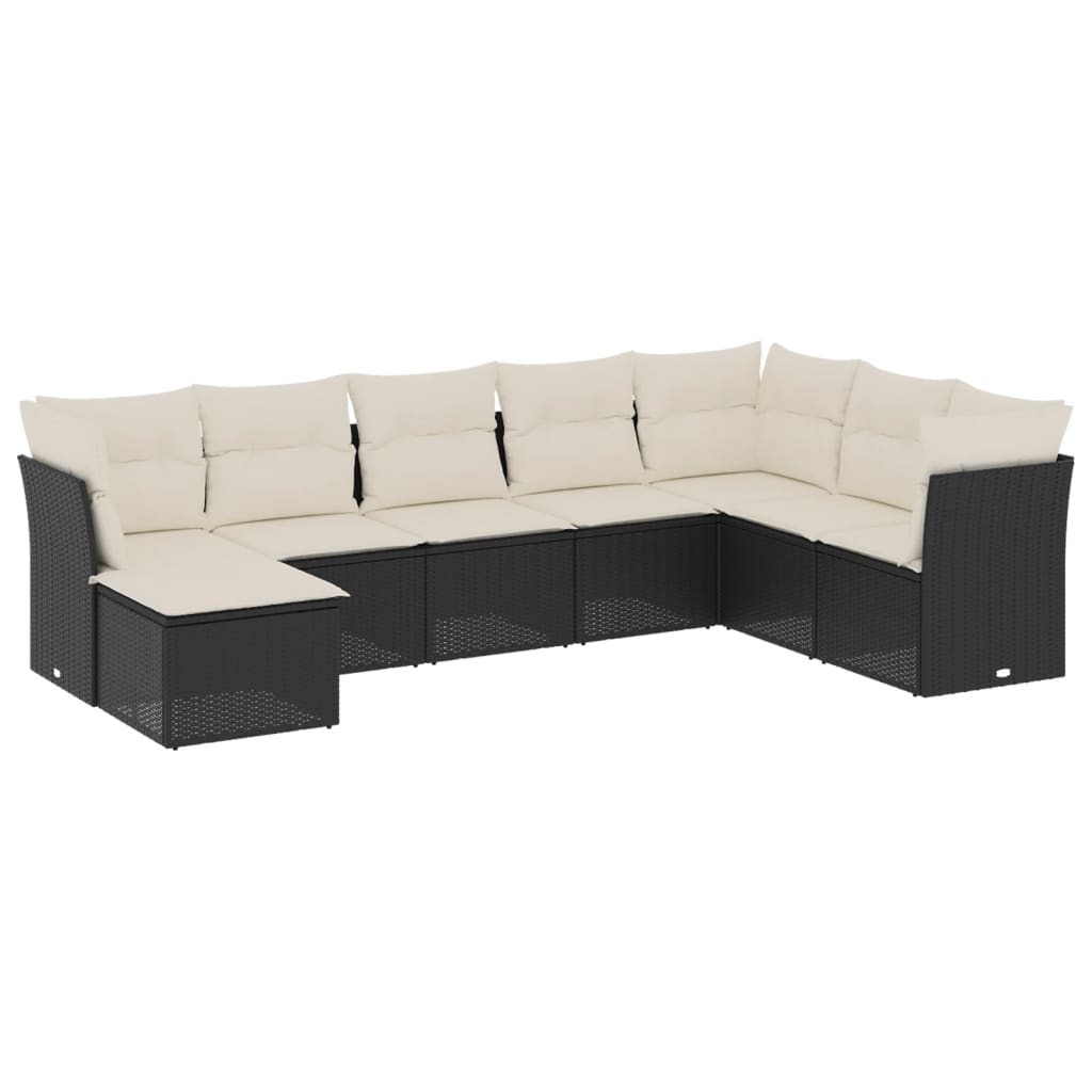 8-piece garden sofa set with cushions, black poly rattan