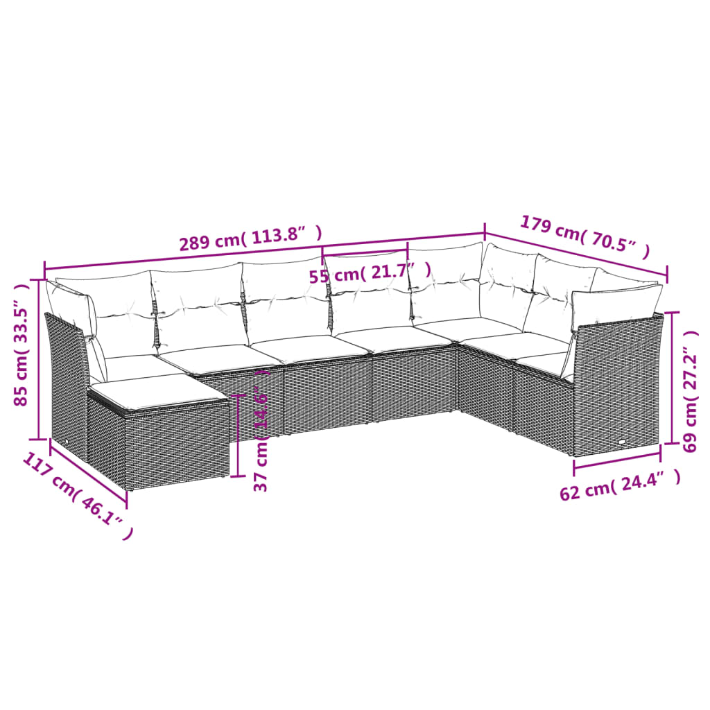 8-piece garden sofa set with cushions, black poly rattan
