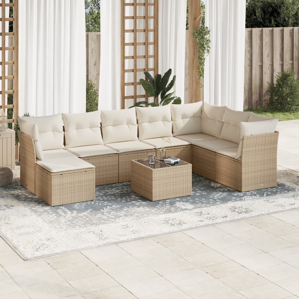 9-tlg. Garten-Sofagarnitur mit Kissen Beige Poly Rattan