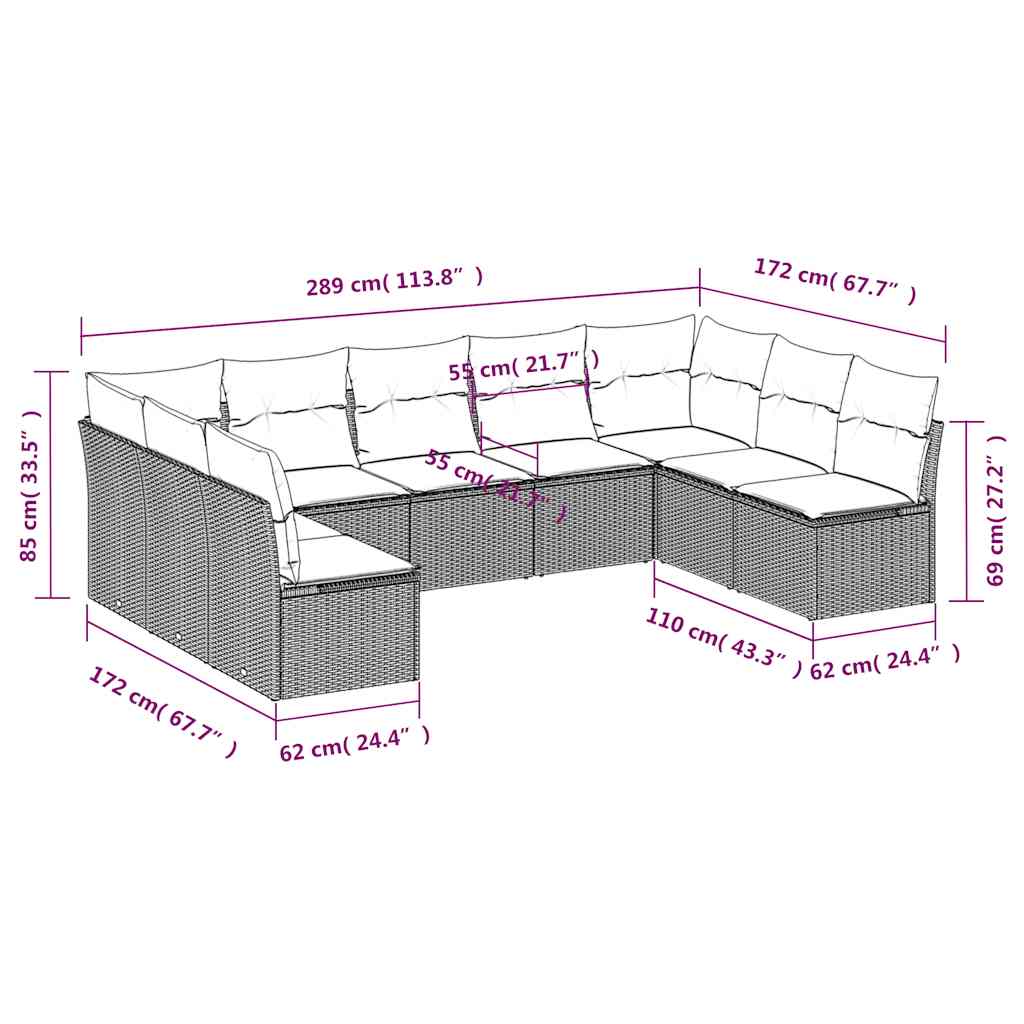 9-tlg. Garten-Sofagarnitur mit Kissen Schwarz Poly Rattan
