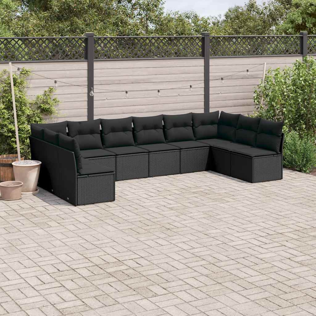 10-tlg. Garten-Sofagarnitur mit Kissen Schwarz Poly Rattan