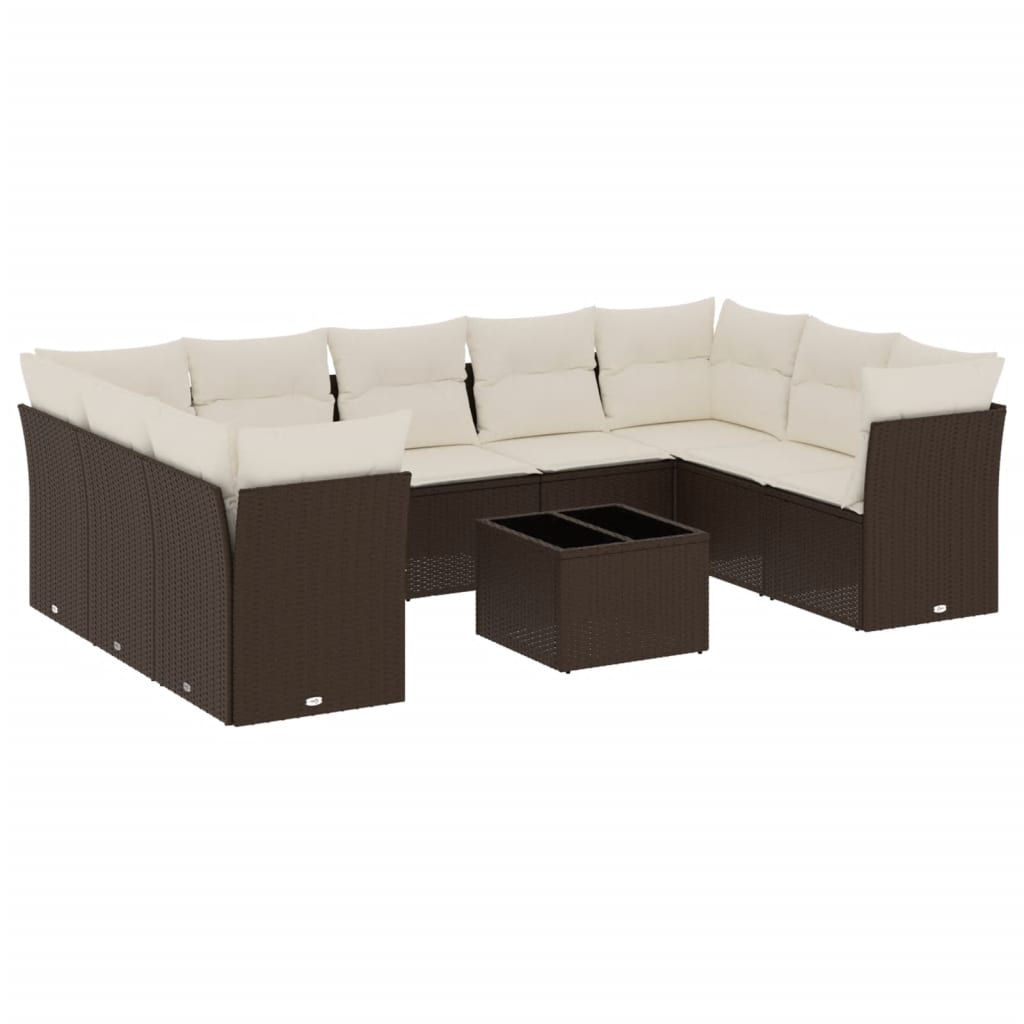 10-tlg. Garten-Sofagarnitur mit Kissen Braun Poly Rattan