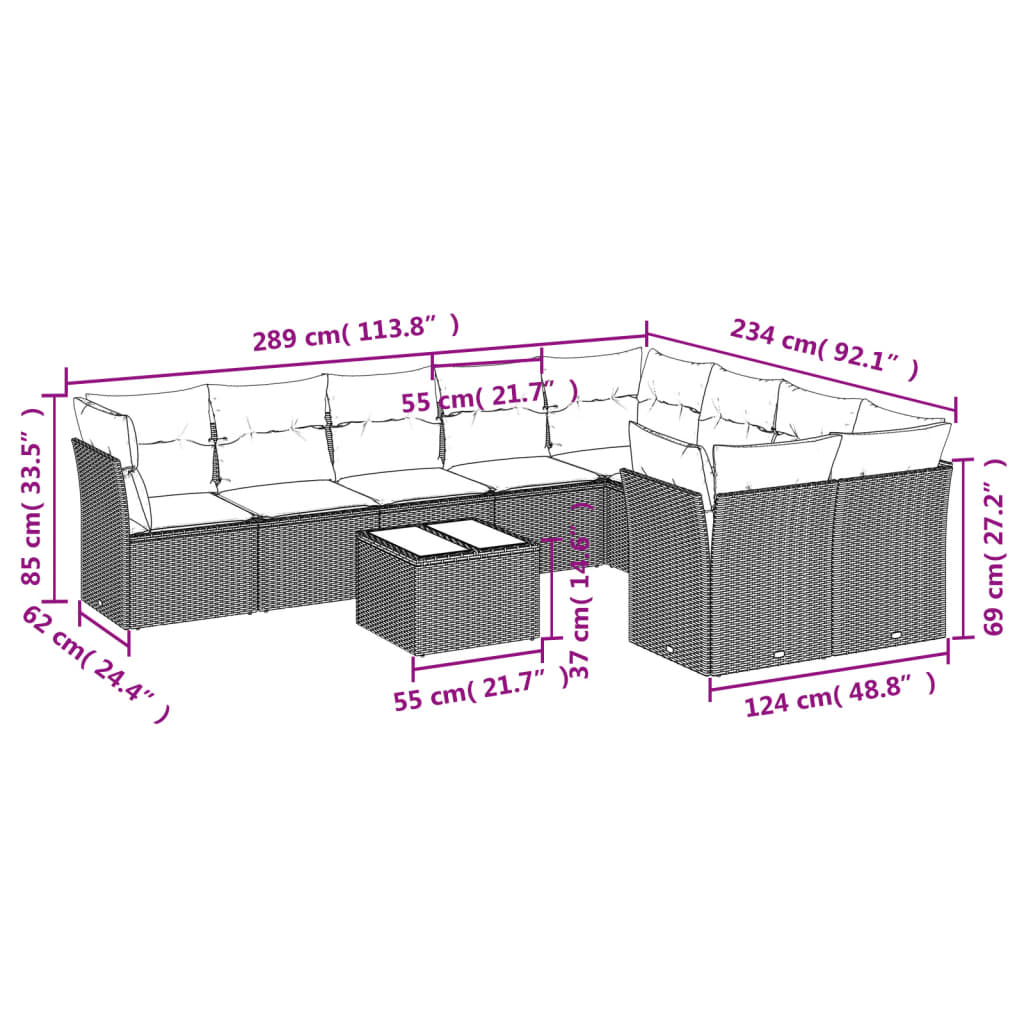 10-tlg. Garten-Sofagarnitur mit Kissen Braun Poly Rattan