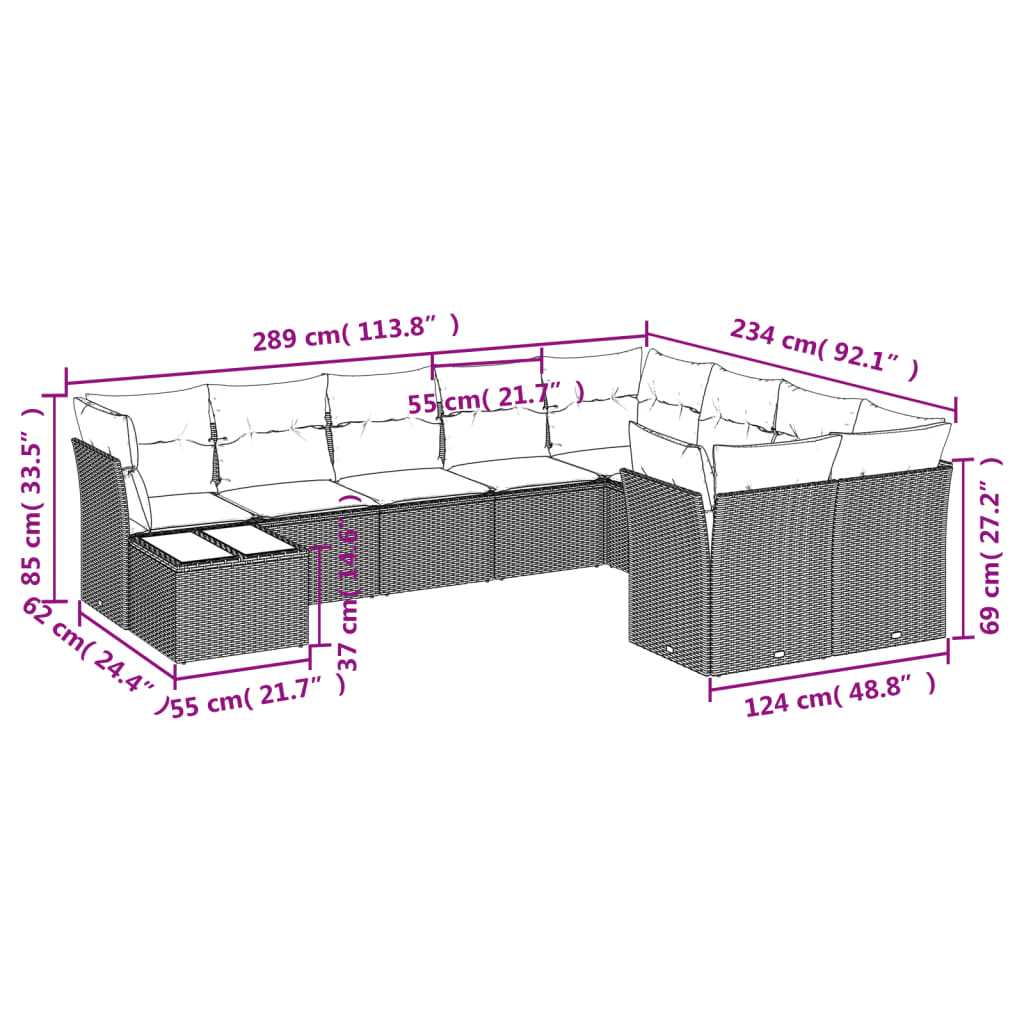 10-tlg. Garten-Sofagarnitur mit Kissen Braun Poly Rattan