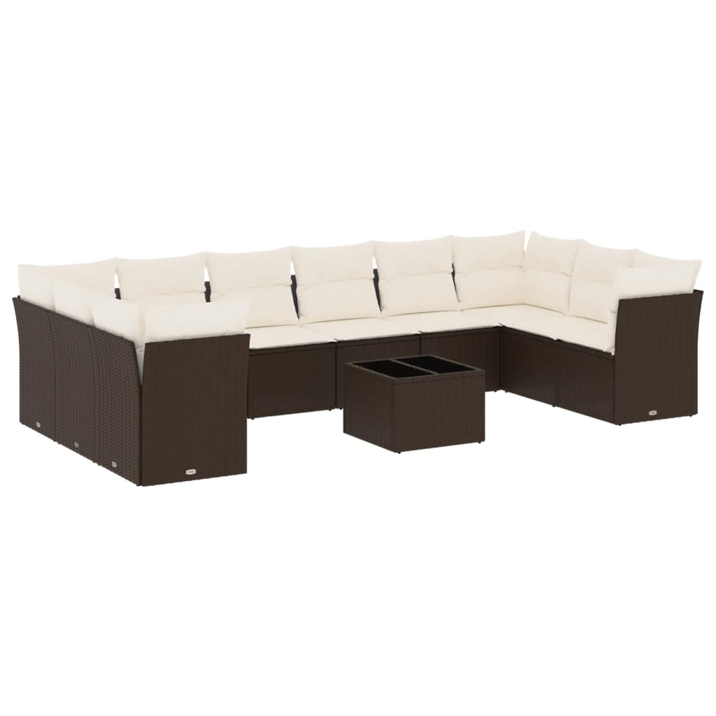 11-tlg. Garten-Sofagarnitur mit Kissen Braun Poly Rattan