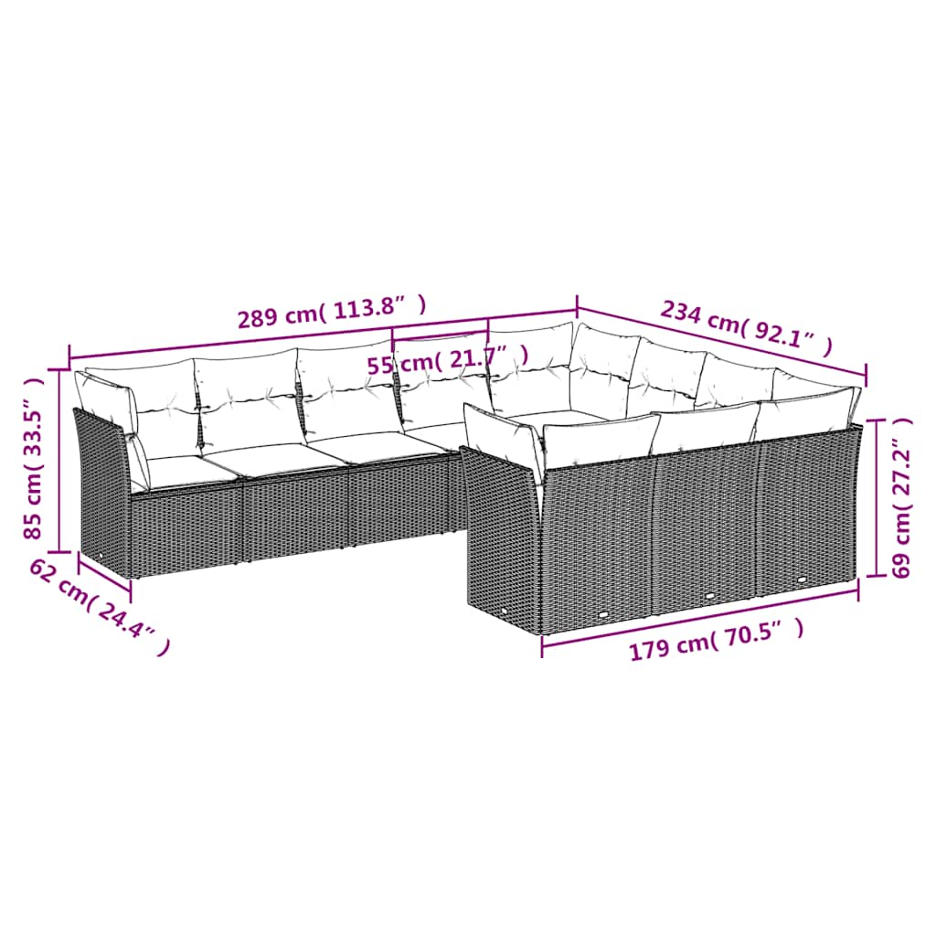 10-tlg. Garten-Sofagarnitur mit Kissen Schwarz Poly Rattan