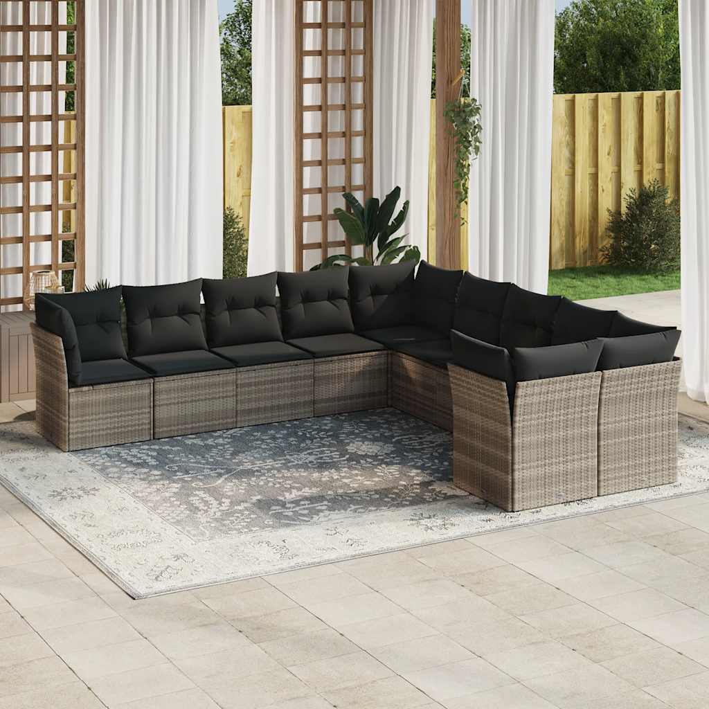 10-tlg. Garten-Sofagarnitur mit Kissen Hellgrau Poly Rattan