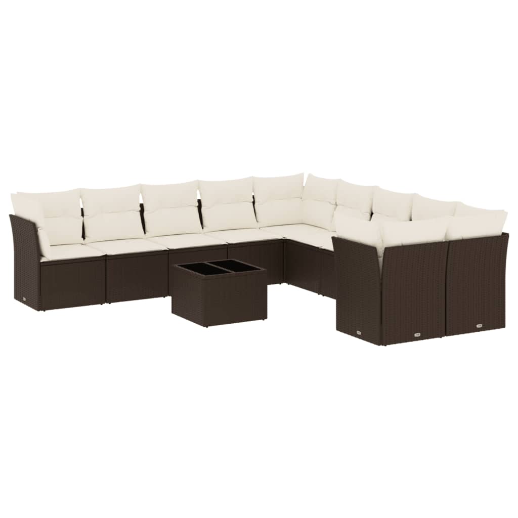 11-tlg. Garten-Sofagarnitur mit Kissen Braun Poly Rattan