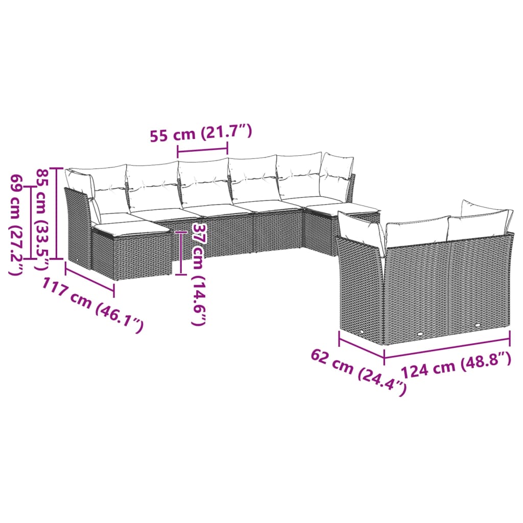 9-tlg. Garten-Sofagarnitur mit Kissen Hellgrau Poly Rattan