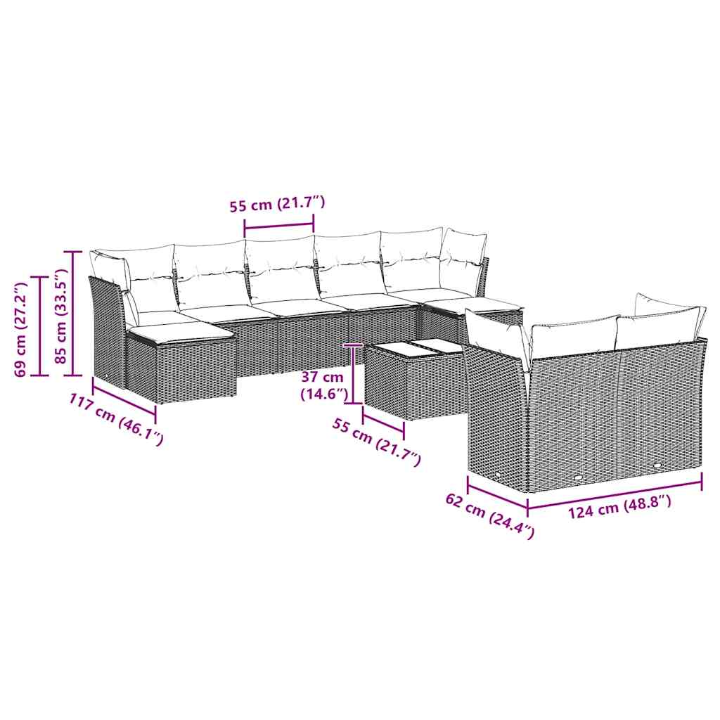 10-tlg. Garten-Sofagarnitur mit Kissen Hellgrau Poly Rattan