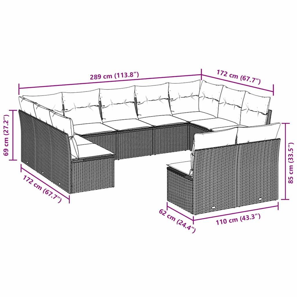 11-tlg. Garten-Sofagarnitur mit Kissen Hellgrau Poly Rattan