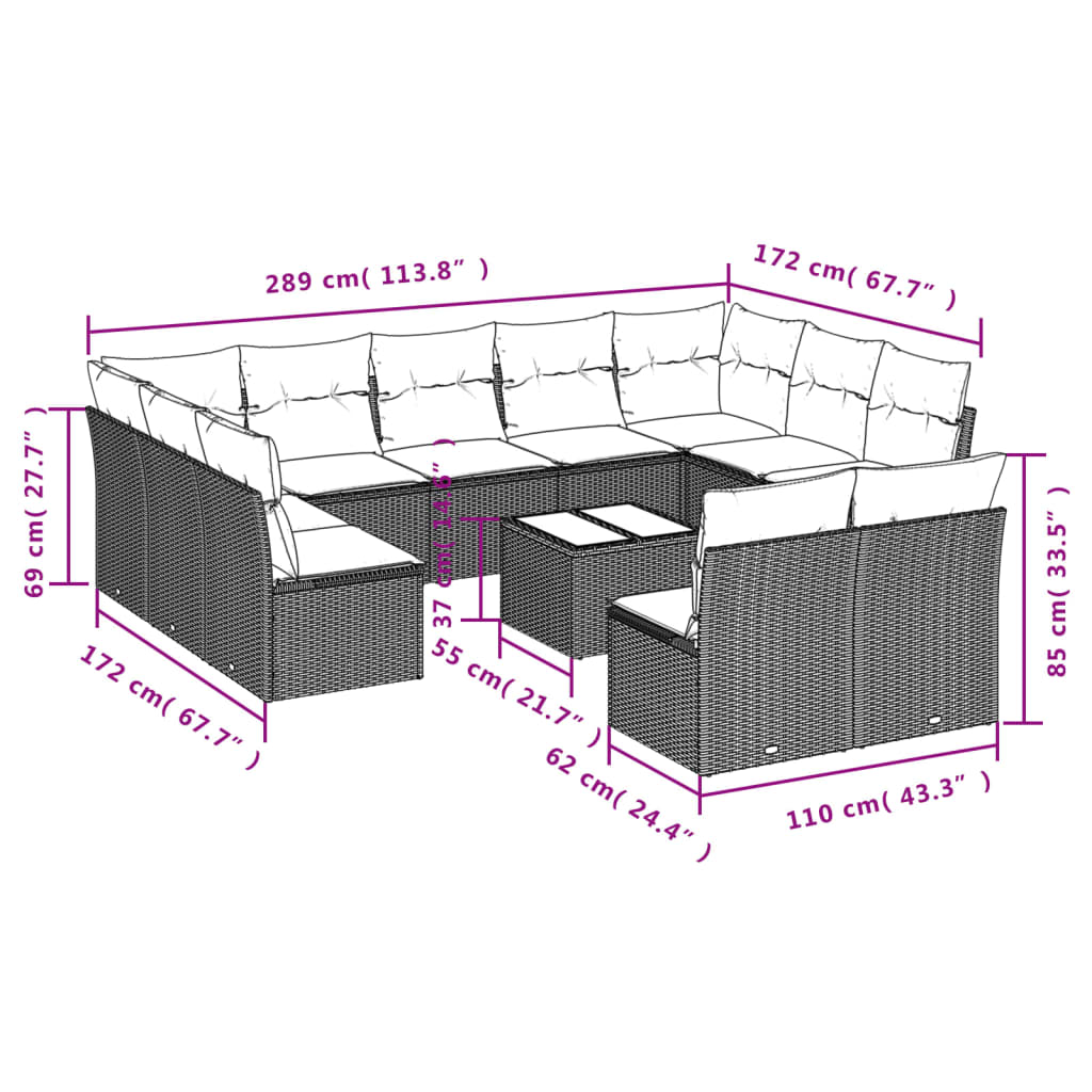 12-tlg. Garten-Sofagarnitur mit Kissen Braun Poly Rattan