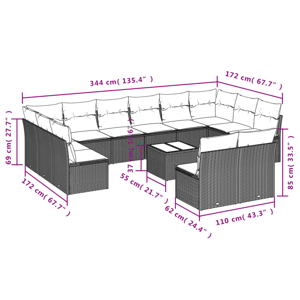 13-tlg. Garten-Sofagarnitur mit Kissen Braun Poly Rattan