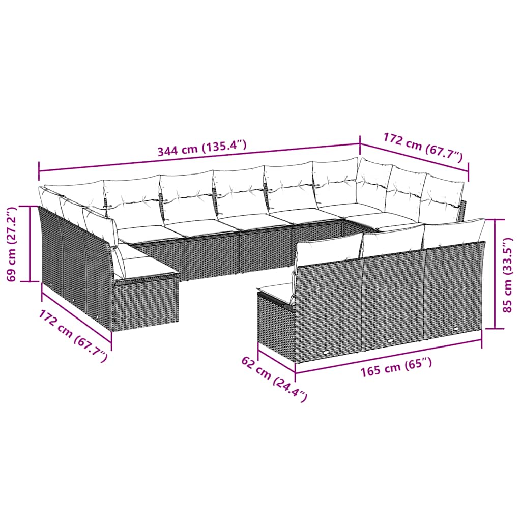 13-tlg. Garten-Sofagarnitur mit Kissen Schwarz Poly Rattan