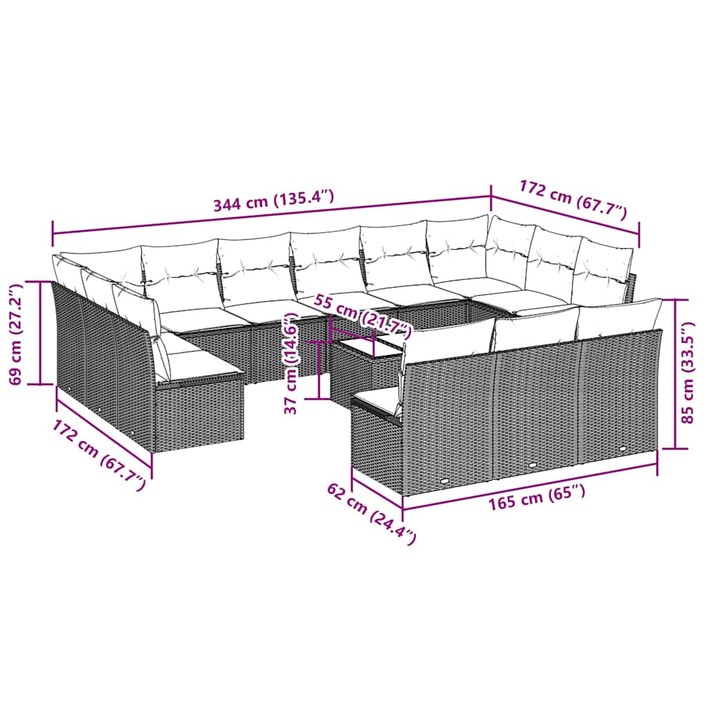 14-tlg. Garten-Sofagarnitur mit Kissen Schwarz Poly Rattan