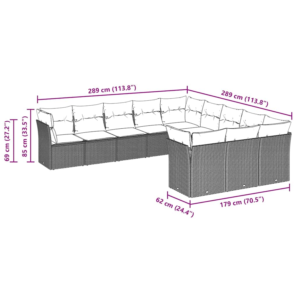 11-tlg. Garten-Sofagarnitur mit Kissen Hellgrau Poly Rattan