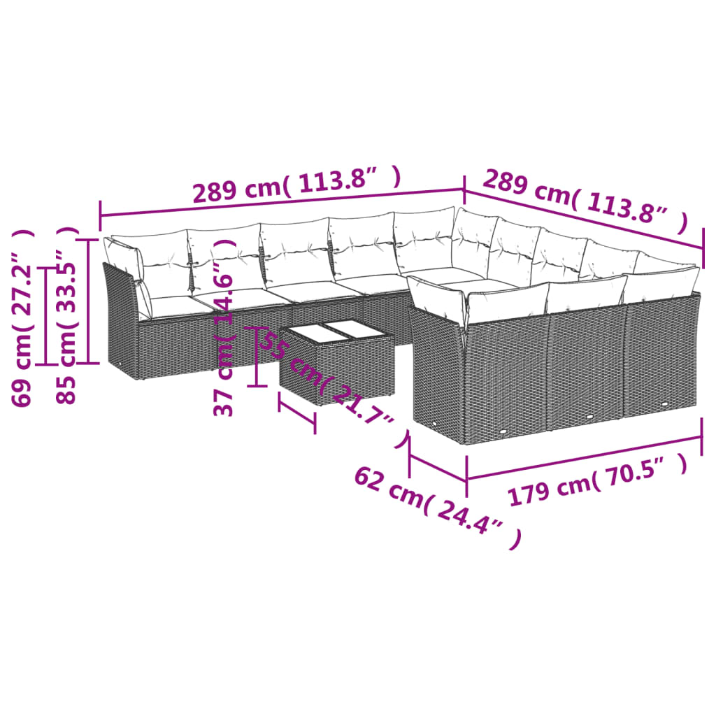 12-tlg. Garten-Sofagarnitur mit Kissen Braun Poly Rattan