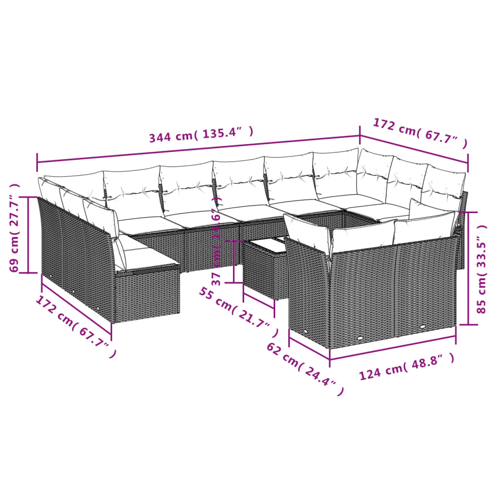 13-tlg. Garten-Sofagarnitur mit Kissen Braun Poly Rattan
