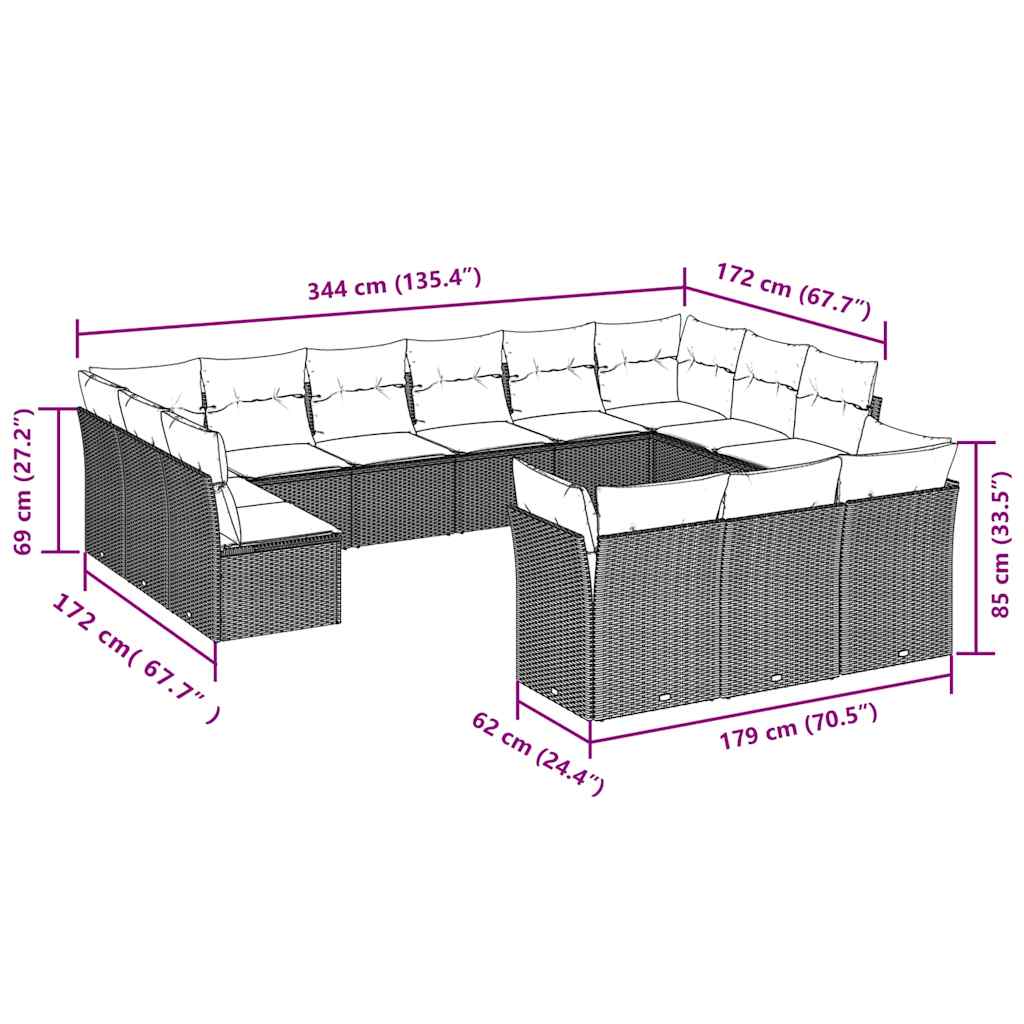 13-tlg. Garten-Sofagarnitur mit Kissen Schwarz Poly Rattan