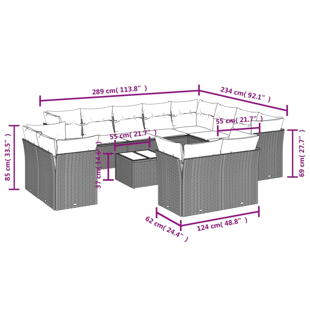 13-tlg. Garten-Sofagarnitur mit Kissen Braun Poly Rattan