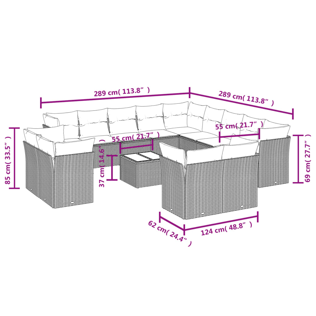 14-tlg. Garten-Sofagarnitur mit Kissen Braun Poly Rattan
