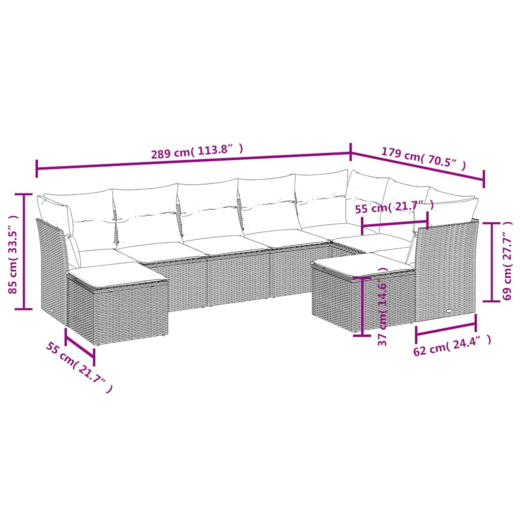 9-tlg. Garten-Sofagarnitur mit Kissen Schwarz Poly Rattan