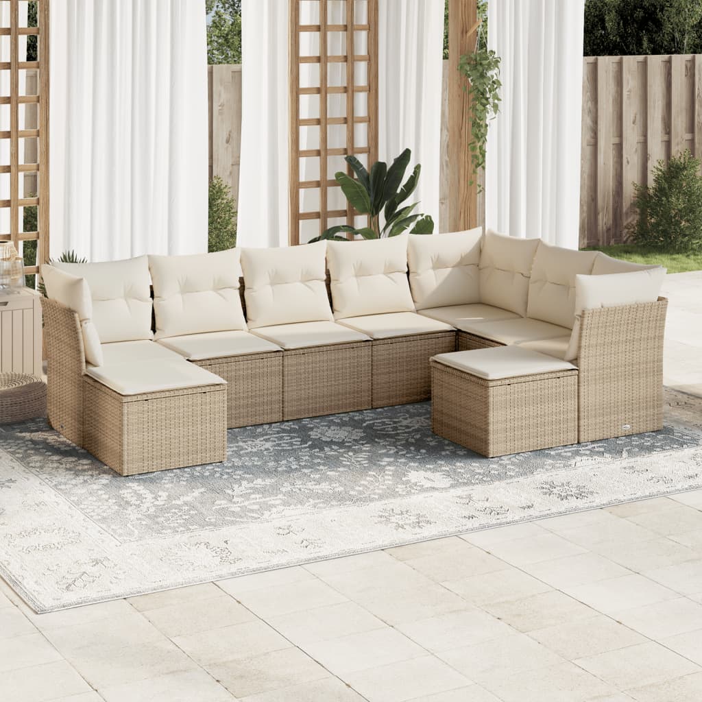9-tlg. Garten-Sofagarnitur mit Kissen Beige Poly Rattan