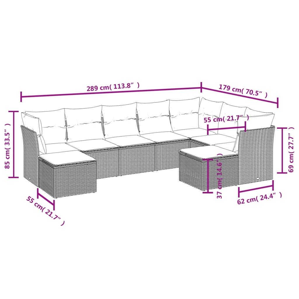 9-tlg. Garten-Sofagarnitur mit Kissen Grau Poly Rattan