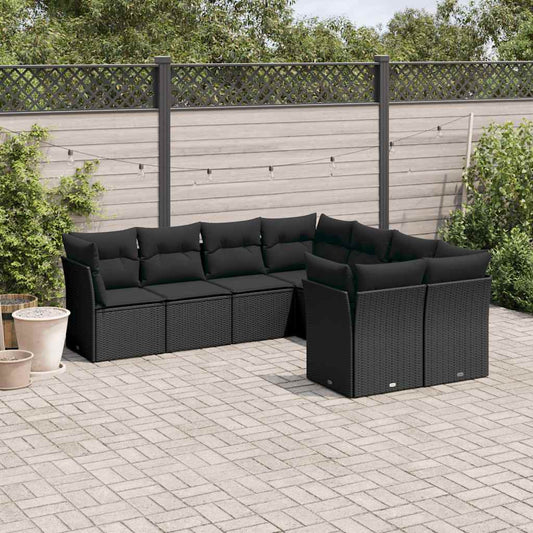 8-piece garden sofa set with cushions, black poly rattan
