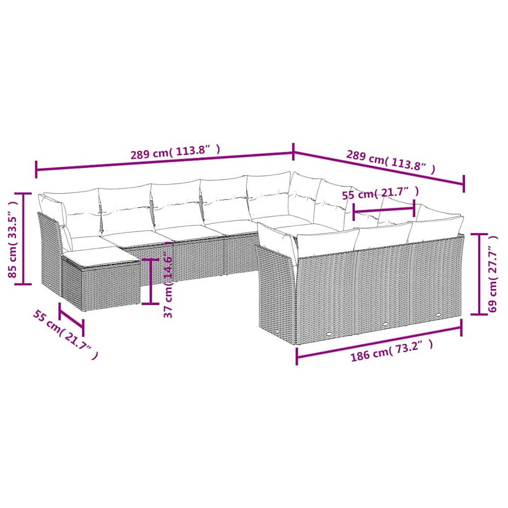 12-tlg. Garten-Sofagarnitur mit Kissen Schwarz Poly Rattan