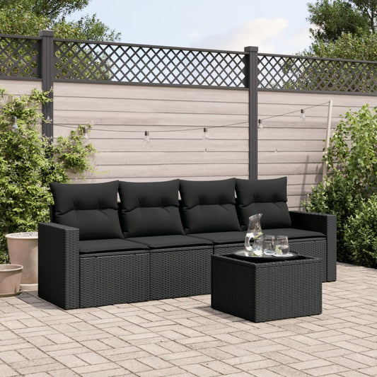 5-piece garden sofa set with cushions, black poly rattan