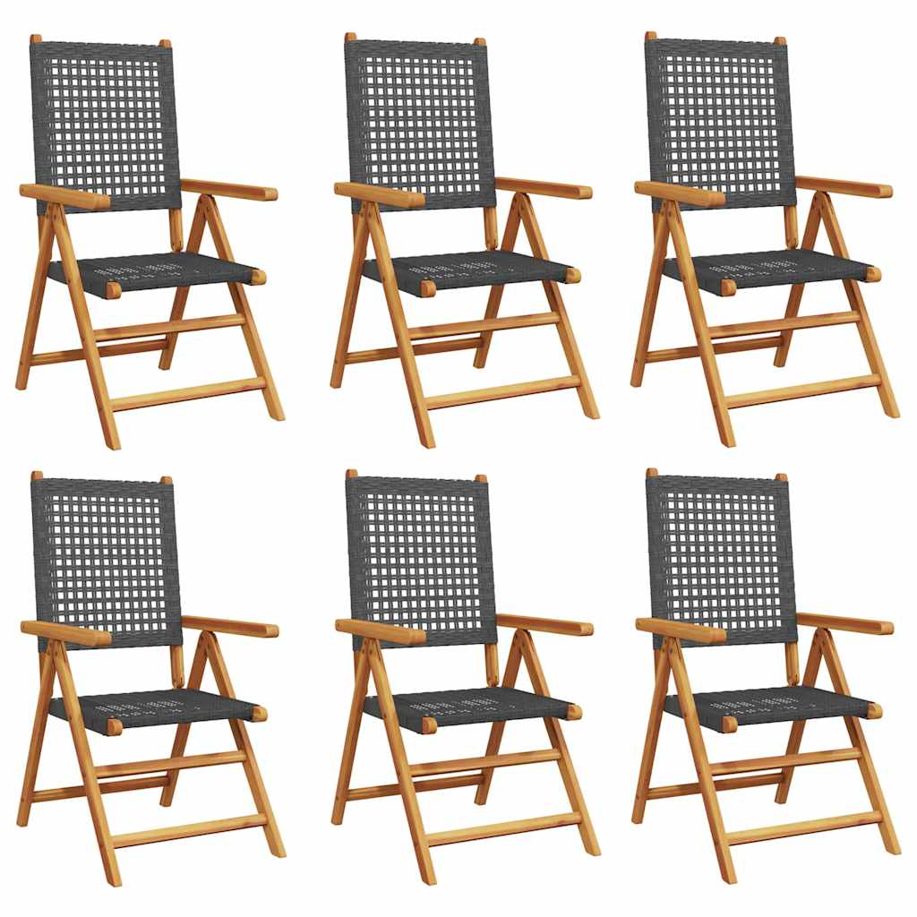 6-teiliges Set aus verstellbaren Klappstühlen, schwarz, aus Polyrattan und Massivholz