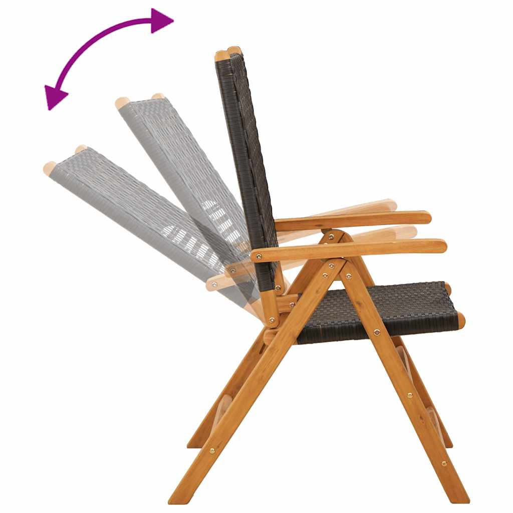 8-teiliges Set aus verstellbaren Klappstühlen, schwarz, aus Polyrattan und Massivholz