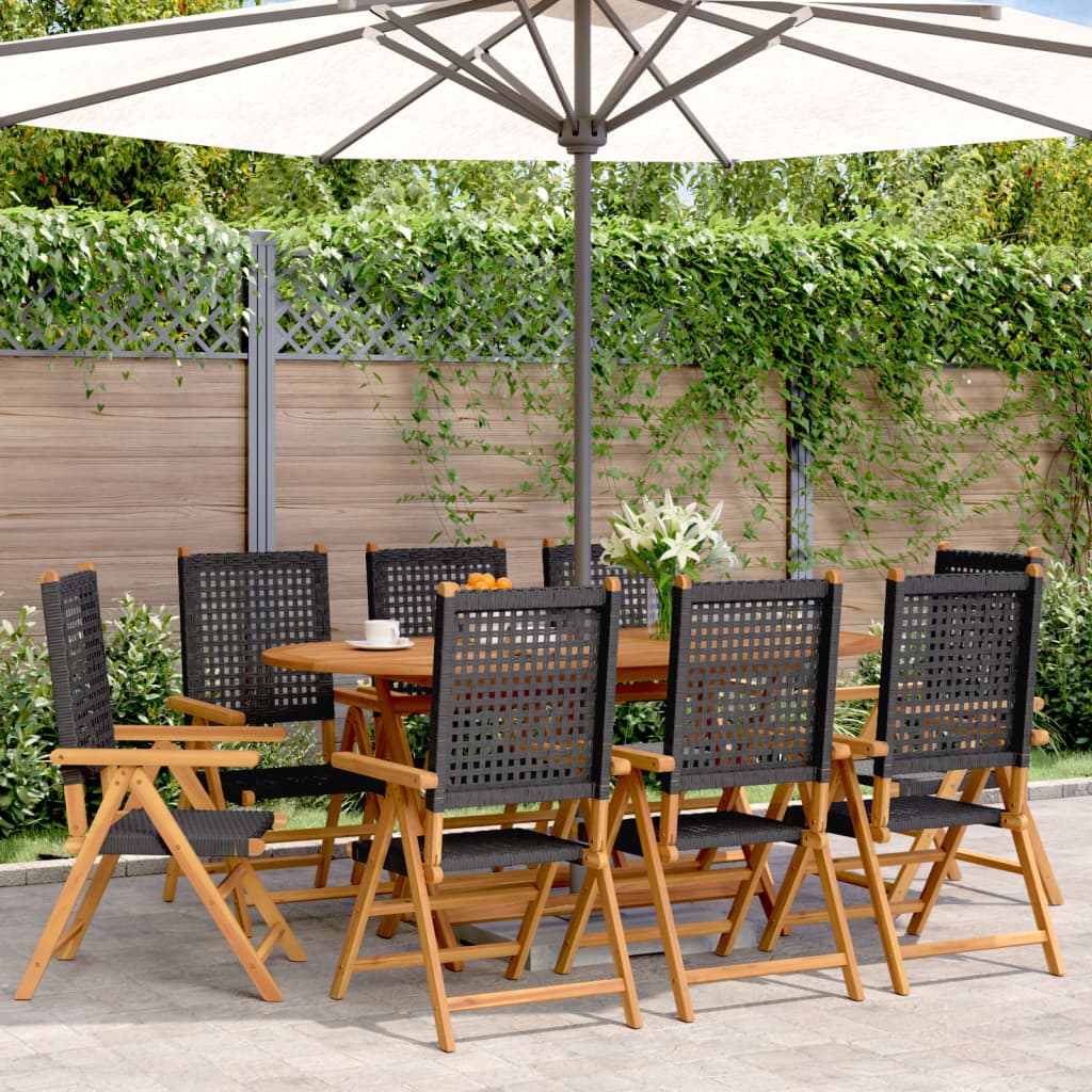8-teiliges Set aus verstellbaren Klappstühlen, schwarz, aus Polyrattan und Massivholz
