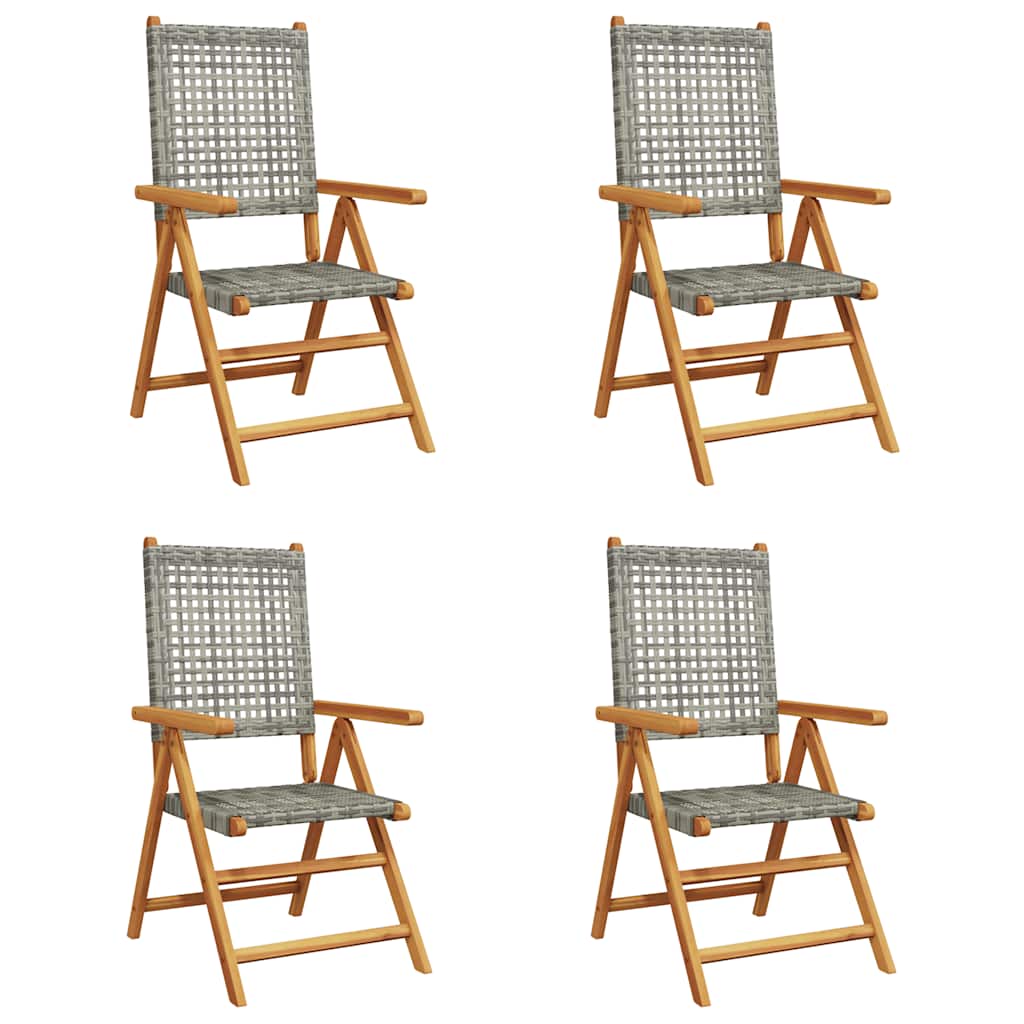 4-teiliges Set aus verstellbaren Klappstühlen, graues Polyrattan und Massivholz
