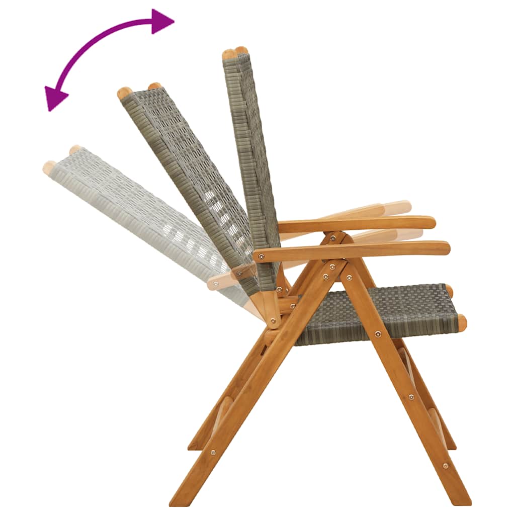 4-teiliges Set aus verstellbaren Klappstühlen, graues Polyrattan und Massivholz