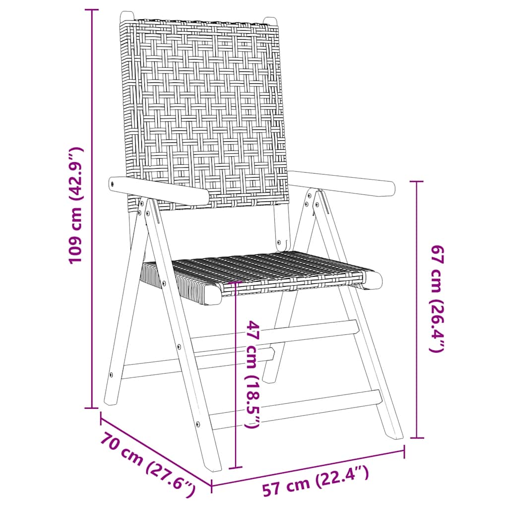 4-teiliges Set aus verstellbaren Klappstühlen, graues Polyrattan und Massivholz