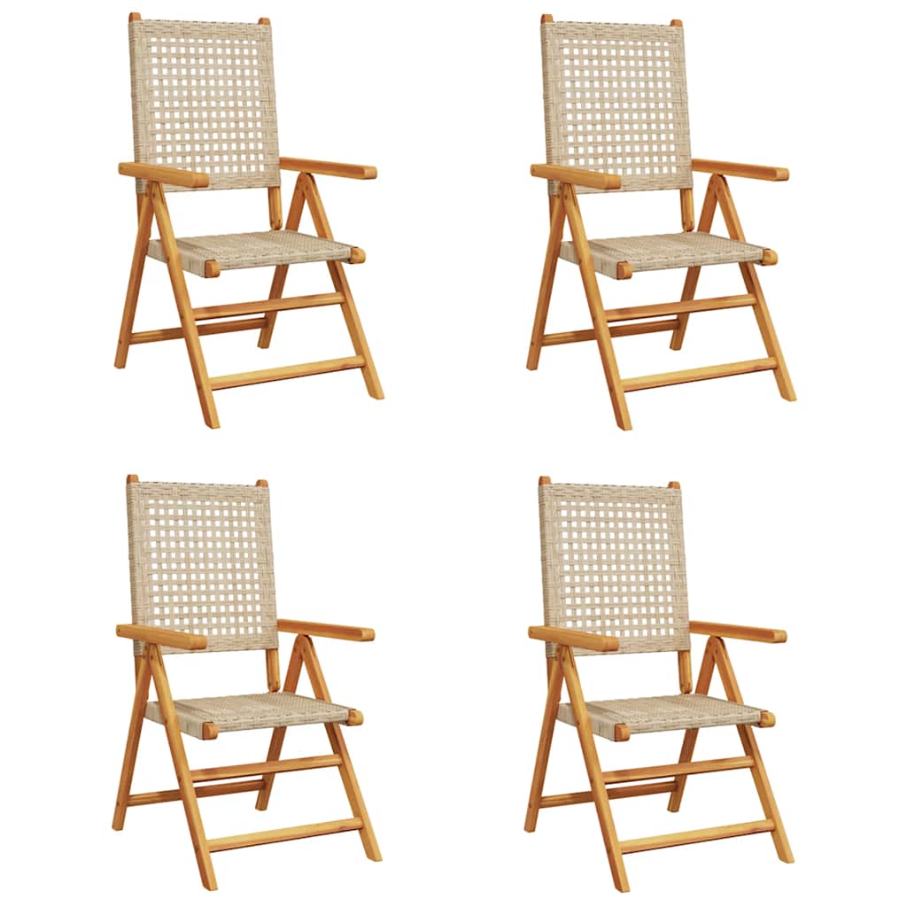 4-teiliges Set aus verstellbaren Klappstühlen, beigefarbenes Polyrattan und Massivholz