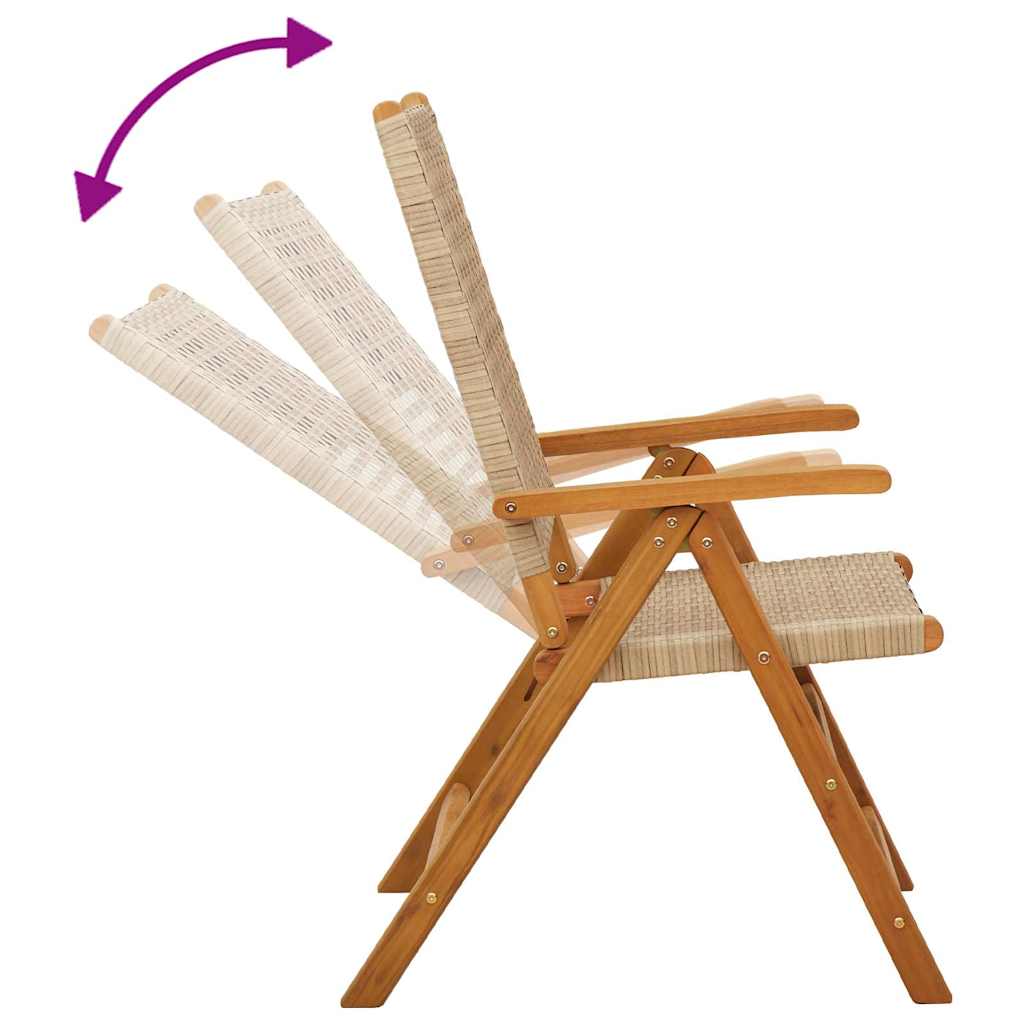 4-teiliges Set aus verstellbaren Klappstühlen, beigefarbenes Polyrattan und Massivholz