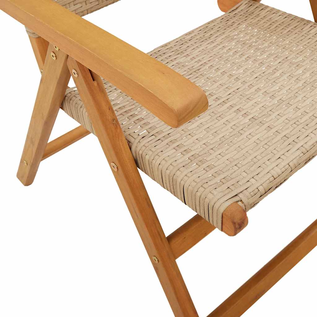 4-teiliges Set aus verstellbaren Klappstühlen, beigefarbenes Polyrattan und Massivholz