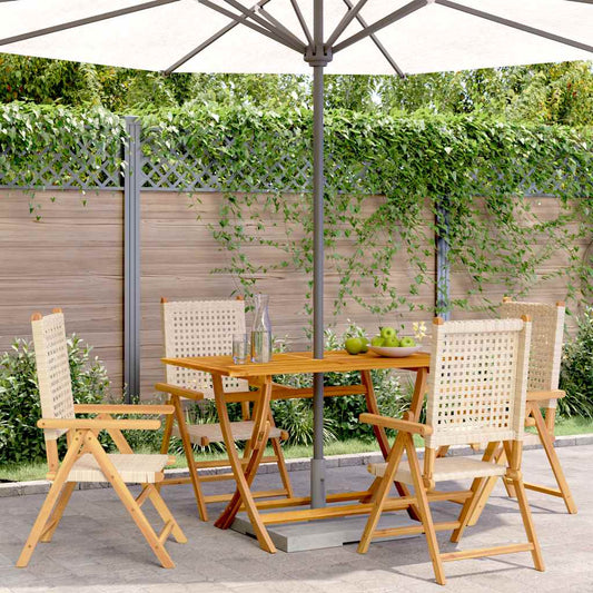 4-teiliges Set aus verstellbaren Klappstühlen, beigefarbenes Polyrattan und Massivholz