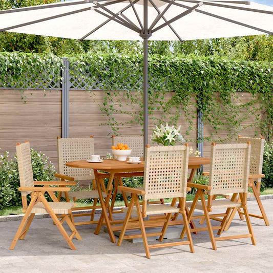 6-teiliges Set aus verstellbaren Klappstühlen, beigefarbenes Polyrattan und Massivholz