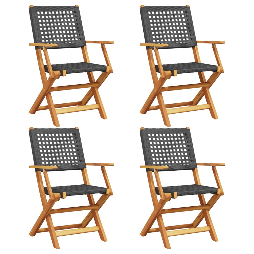 Klappstühle, 4 Stück, schwarz, aus Polyrattan und Massivholz