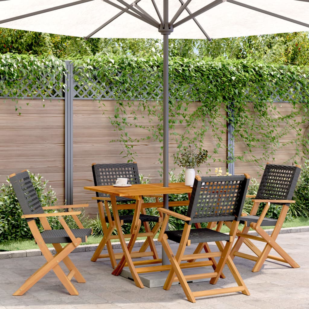 Klappstühle, 4 Stück, schwarz, aus Polyrattan und Massivholz