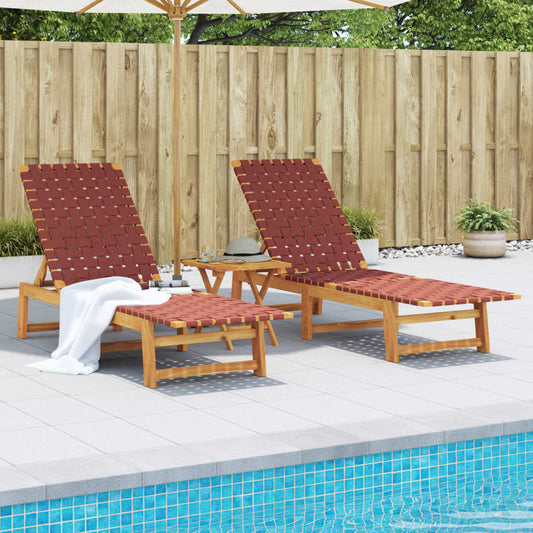Chaises longues, lot de 2, en bois d'acacia massif rouge et tissu