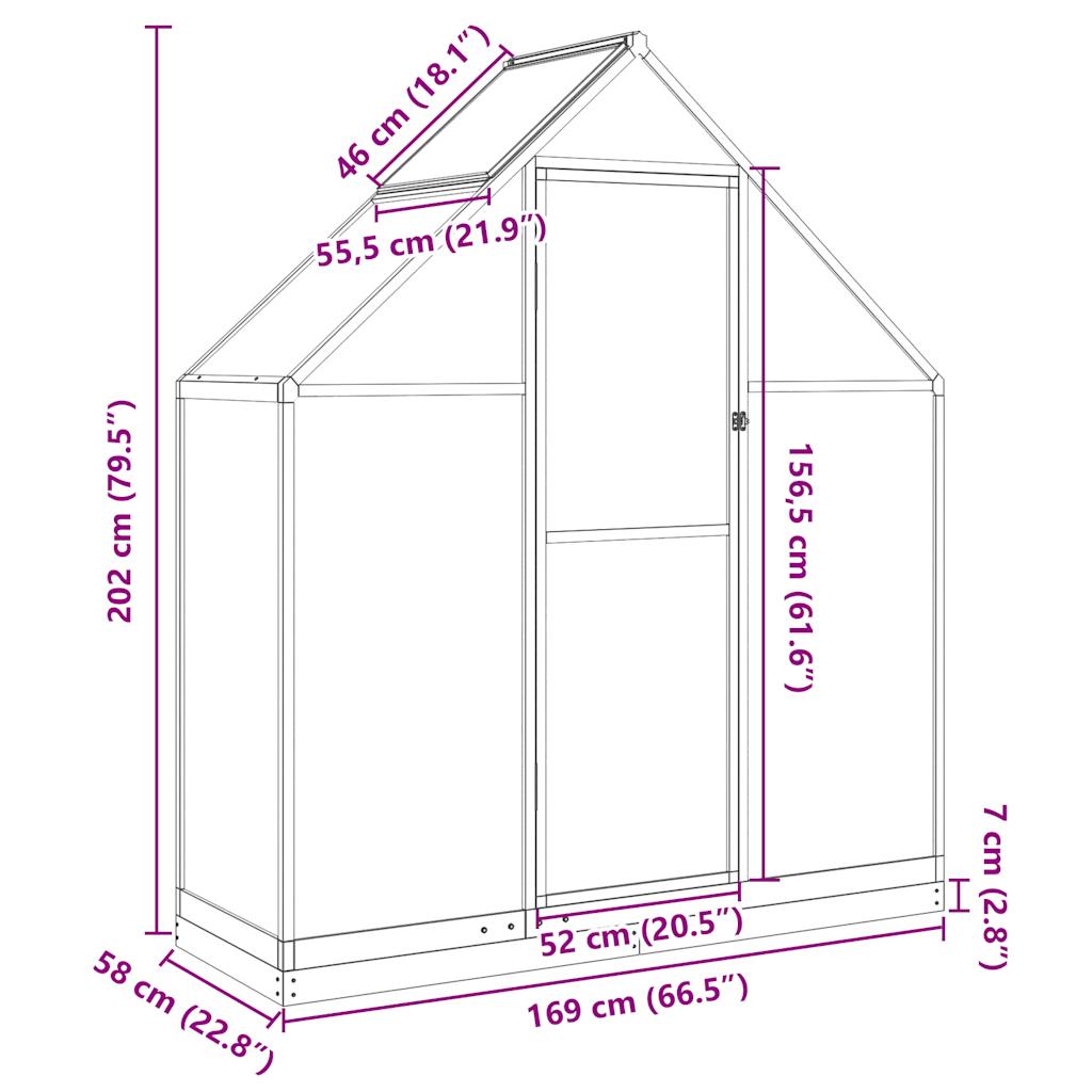 Serre avec cadre de fondation argent 169x58x202cm aluminium