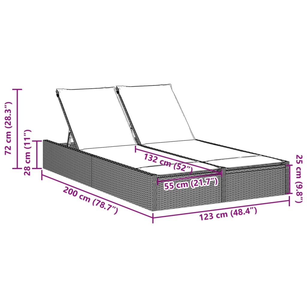 Bain de soleil double avec coussins en polyrotin marron