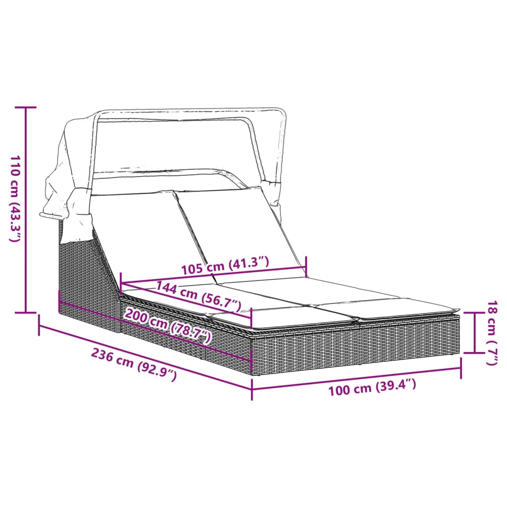 Bain de soleil double avec toit et coussins en polyrotin marron