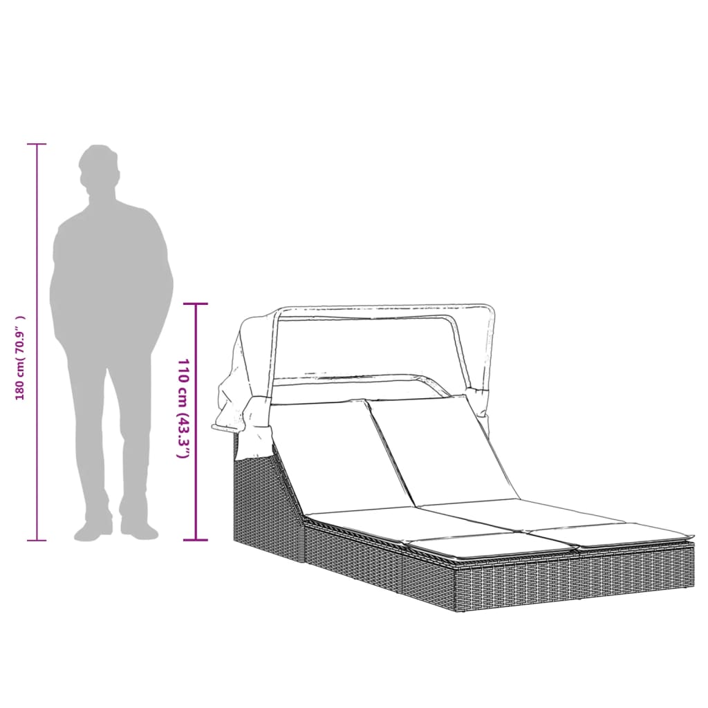 Bain de soleil double avec toit et coussins en polyrotin marron